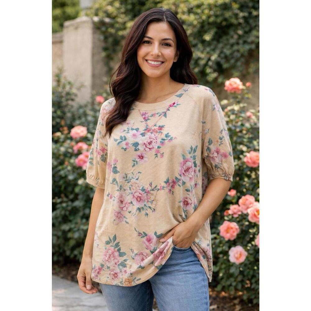 Macaron XL Floral Blouse Beige Pink Roses Puff Sleeve Soft Casual Preloved A11